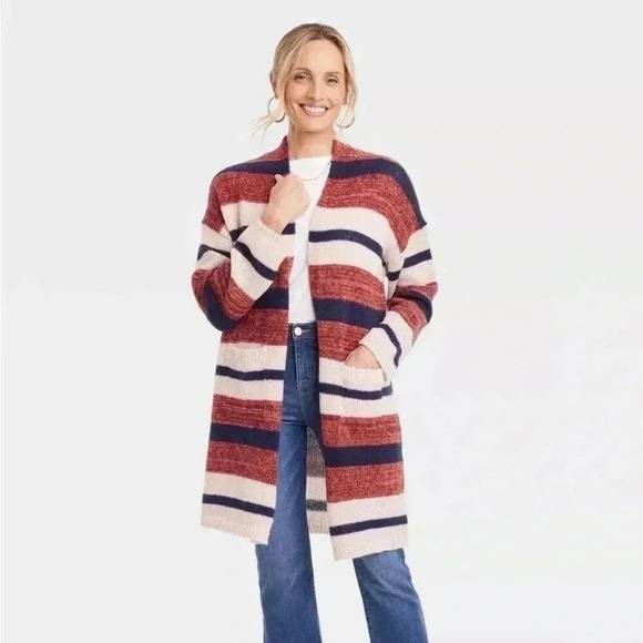 Knox Rose Women's Open Front Cardigan striped Boho casual, blue, red & cream - Picture 2 of 12